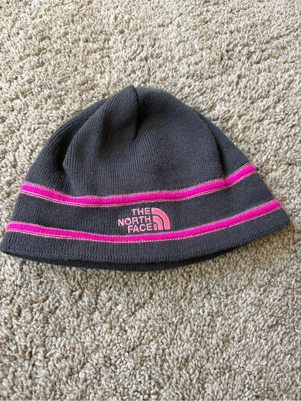 The North Face Kids Gray Beanie with Pink Stripes